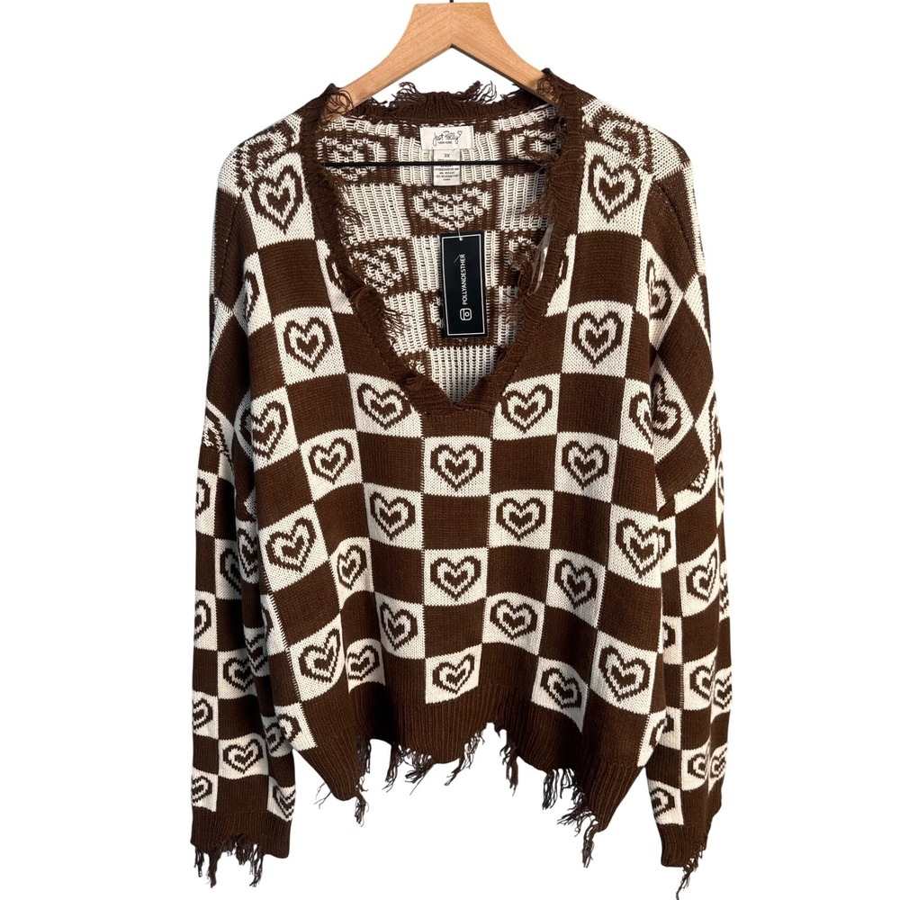 NEW Just Polly Heart Checkered Distressed Sweater Brown Cozy Y2K Grunge Boho 3X